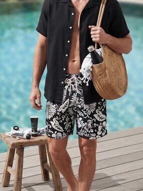 OP Black & White Tropical Print Men’s Swim Trunks
